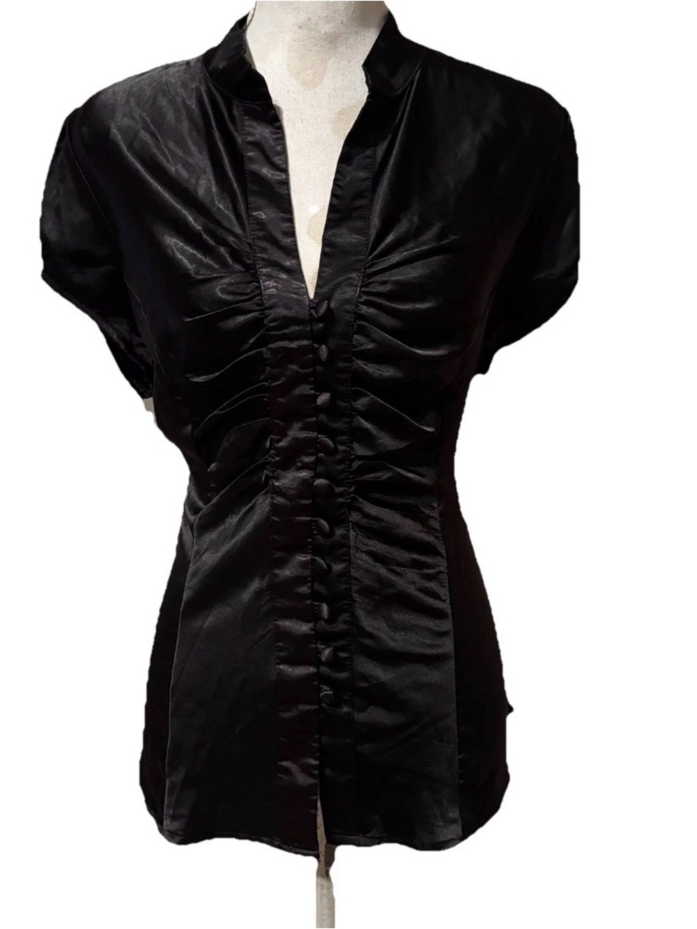 Vtg Y2K Libian Womens Satin Black Cap Sleeve Fitted Button Up Shirt Ruched Sz 2X